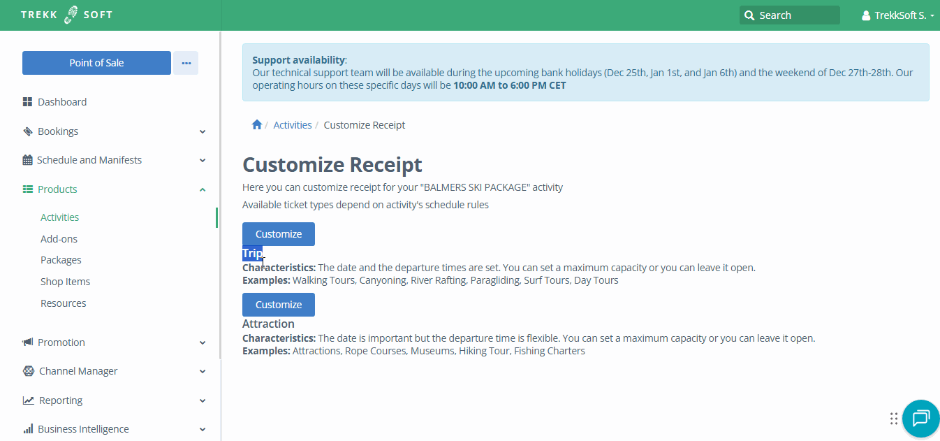 Customize ticket for activities