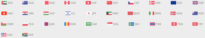 A grid of 32 flags with their corresponding three-letter currency codes, including AED, AUD, BHD, CAD, CHF, CNY, CZK, DKK, EUR, GBP, HKD, HRK, HUF, ILS, JPY, KWD, MAD, MXN, NOK, NZD, OMR, PLN, QAR, RON, SAR, SDG, SEK, THB, TND, TRY, USD, and ZAR.