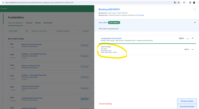 POS Desk Booking Details with resource details