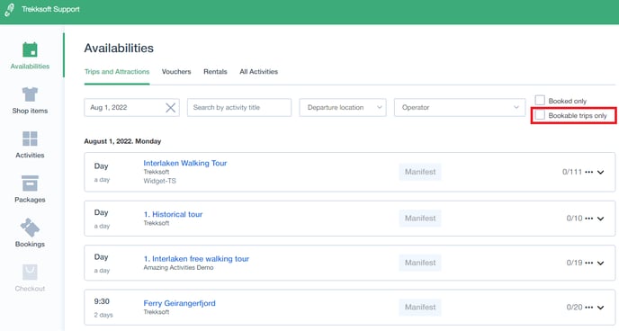 bookable trips only filter