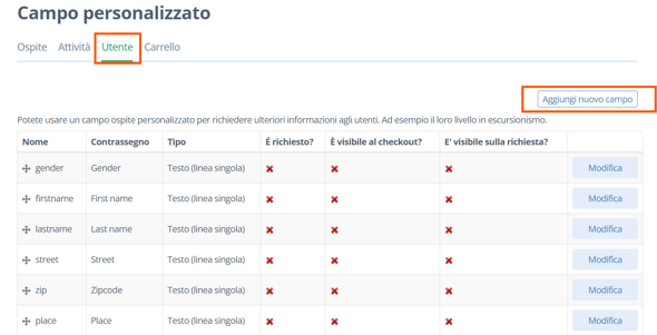 campo personalizzato utente